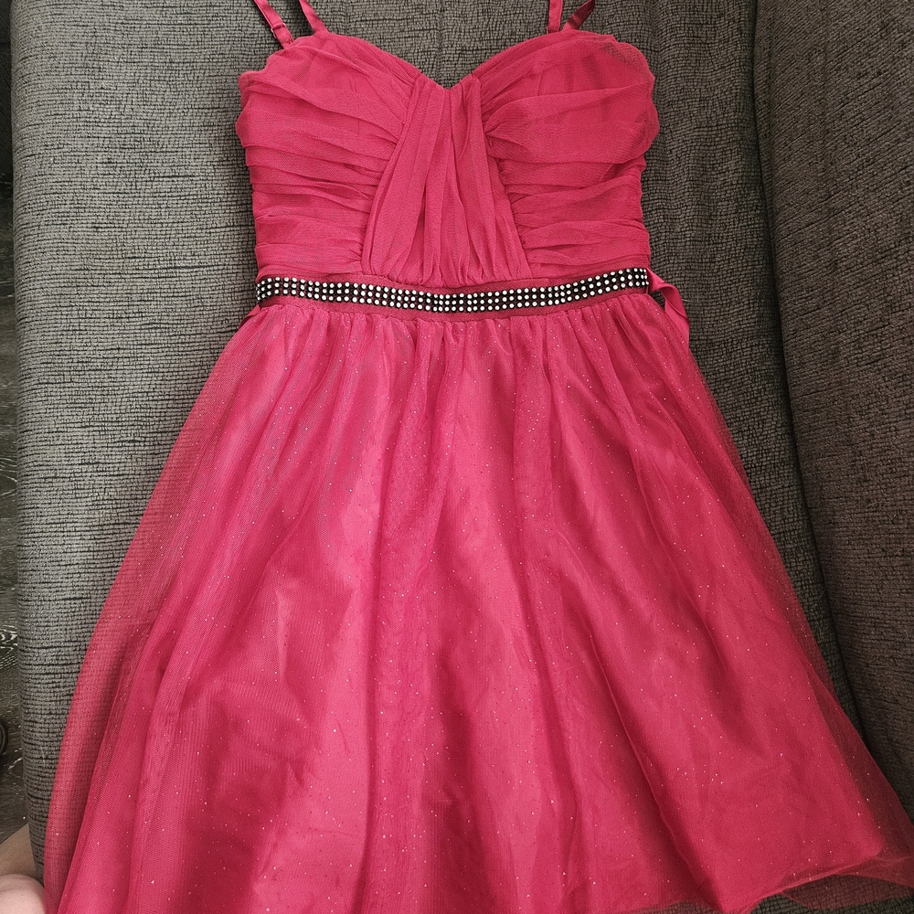 Love Reign Hot Pink Ruched Tulle Mini Dress with Rhinestone Belt